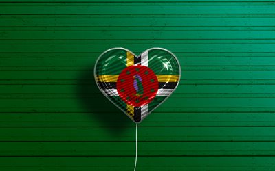 Bayrağı, Dominik bayrak, Kuzey Amerika, Aşk ile Dominika Dominika, 4k, ger&#231;ek&#231;i balonlar, yeşil ahşap arka plan, Kuzey Amerika &#252;lkeleri, Dominik bayrak kalp, favori &#252;lkeler, Dominika bayrağı, balon Seviyorum