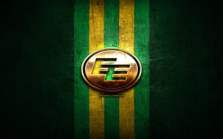 Edmonton Eskimos, golden logo, CFL, green metal background, canadian football team, Canadian Football League, Edmonton Eskimos logo, canadian football