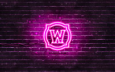 World of Warcraft purple logo, 4k, WoW, purple brickwall, World of Warcraft logo, creative, World of Warcraft neon logo, WoW logo, World of Warcraft