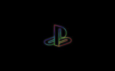 4k, PlayStation neon logosu, minimal, siyah arka planlar, yaratıcı, sanat eseri, PlayStation minimalizmi, PlayStation logosu, markalar, PlayStation