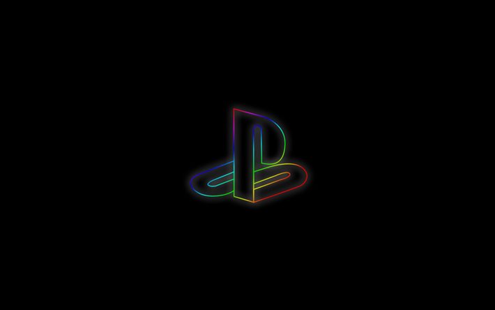 4k, logo n&#233;on PlayStation, minimal, fond noir, cr&#233;atif, artwork, minimalisme PlayStation, logo PlayStation, marques, PlayStation