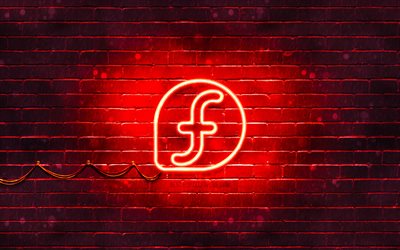 Logo rouge Fedora, 4k, mur de briques rouge, Linux, logo Fedora, OS, logo n&#233;on Fedora, Fedora