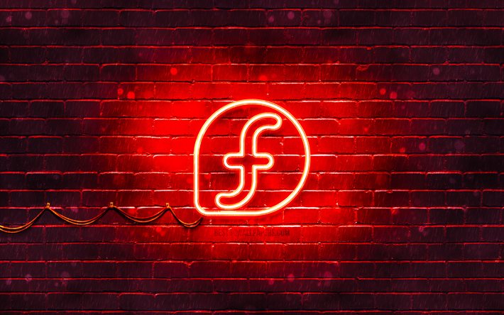 フェドラの赤いロゴ, 4k, 赤レンガの壁, Linux, Fedoraロゴ, OS, Fedoraネオンロゴ, Fedora