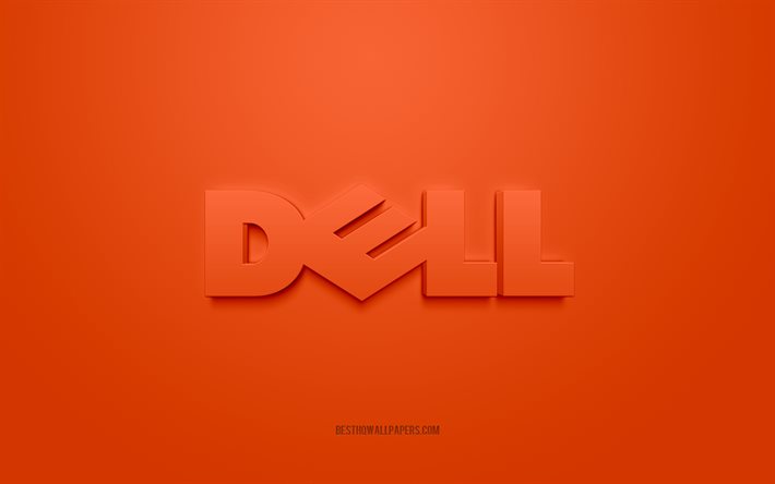 Logo Dell, sfondo arancione, logo Dell 3d, 3d art, Dell, logo marchi, logo Dell 3d arancione