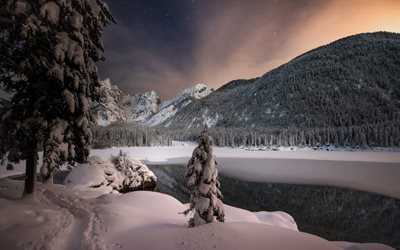 Fusine Lakes, winter, snowy mountains, snowdrifts, forest, Italy, Europe, Lakes of Fusine, mountains, beautiful nature