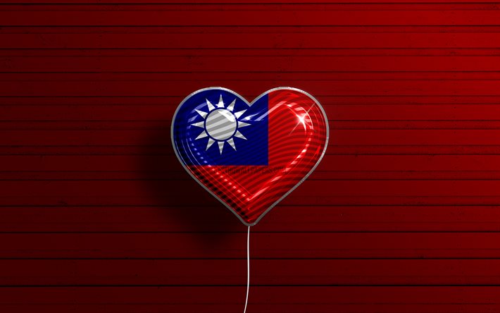 Amo Taiwan, 4k, palloncini realistici, sfondo di legno rosso, paesi asiatici, cuore di bandiera taiwanese, paesi preferiti, bandiera di Taiwan, palloncino con bandiera, bandiera taiwanese, Taiwan, Amore Taiwan