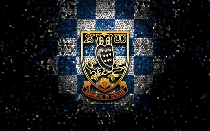 Sheffield Wednesday FC, logotipo de glitter, EFL Championship, fundo azul branco quadrininho, futebol, clube de futebol ingl&#234;s, logotipo sheffield quarta-feira, arte mosaico, Sheffield Wednesday