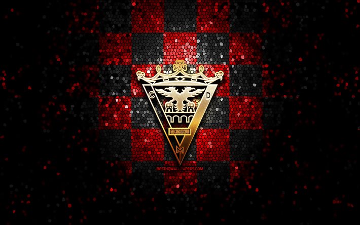 Mirandes FC, parıltılı logo, La Liga 2, kırmızı siyah damalı arka plan, Segunda, futbol, İspanyol futbol kul&#252;b&#252;, Mirandes logosu, mozaik sanatı, LaLiga 2, CD Mirandes