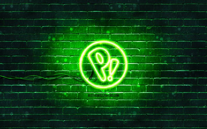 Logo verde pop os, 4k, muro di mattoni verde, sistema operativo, logo Pop OS, Linux, logo neon pop os, sistema operativo pop
