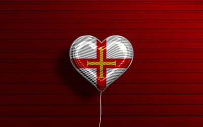 I Love Guernsey, 4k, realistic balloons, red wooden background, Guernsey flag heart, Channel Islands, Europe, favorite countries, flag of Guernsey, balloon with flag, Guernsey flag, Guernsey, Love Guernsey