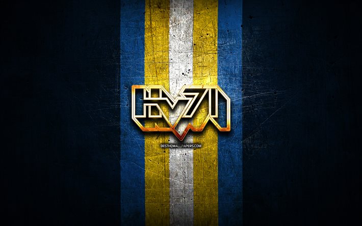 HV71, golden logo, SHL, blue metal background, swedish hockey team, Swedish Hockey League, ХВ71 logo, swedish hockey league, HV71 logo, hockey, ХВ71