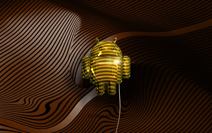 Android 3D logo, 4K, golden realistic balloons, Android logo, brown wavy backgrounds, Android