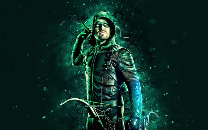 Green Arrow, 4k, yeşil neon ışıklar, s&#252;per kahramanlar, DC Comics, Oliver Queen, Green Arrow 4K