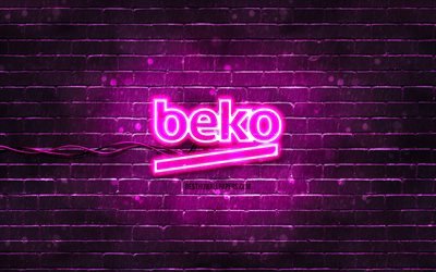 Beko purple logo, 4k, purple brickwall, Beko logo, brands, Beko neon logo, Beko