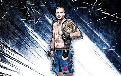 4k, Justin Gaethje, grunge art, american fighters, MMA, UFC, Mixed martial arts, blue abstract rays, Justin Gaethje 4K, UFC fighters, MMA fighters