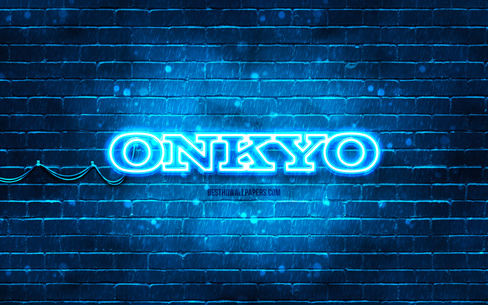Logo Onkyo blu, 4k, muro di mattoni blu, logo Onkyo, marchi, logo Onkyo neon, Onkyo