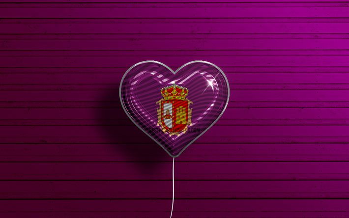 I Love Burgos, 4k, realistic balloons, violet wooden background, Day of Burgos, spanish provinces, flag of Burgos, Spain, balloon with flag, Provinces of Spain, Burgos flag, Burgos