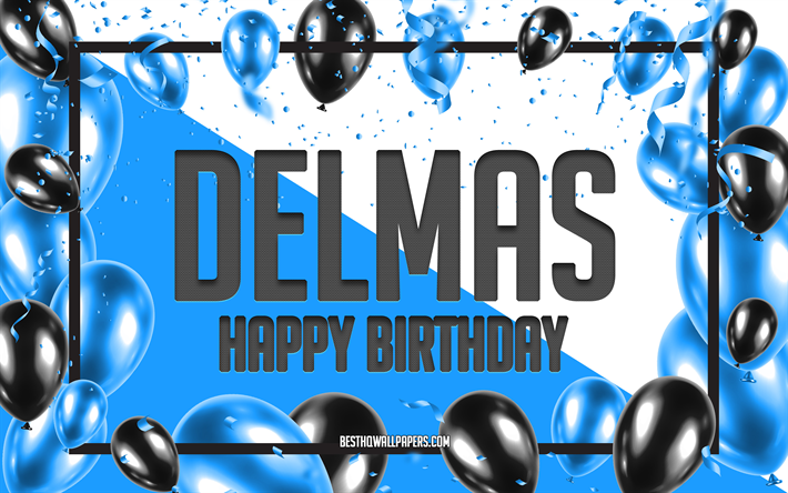 Buon compleanno Delmas, sfondo di palloncini di compleanno, Delmas, sfondi con nomi, buon compleanno di Delmas, sfondo di compleanno di palloncini blu, compleanno di Delmas