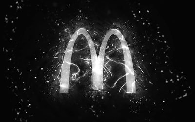 McDonalds white logo, 4k, white neon lights, creative, black abstract background, McDonalds logo, brands, McDonalds