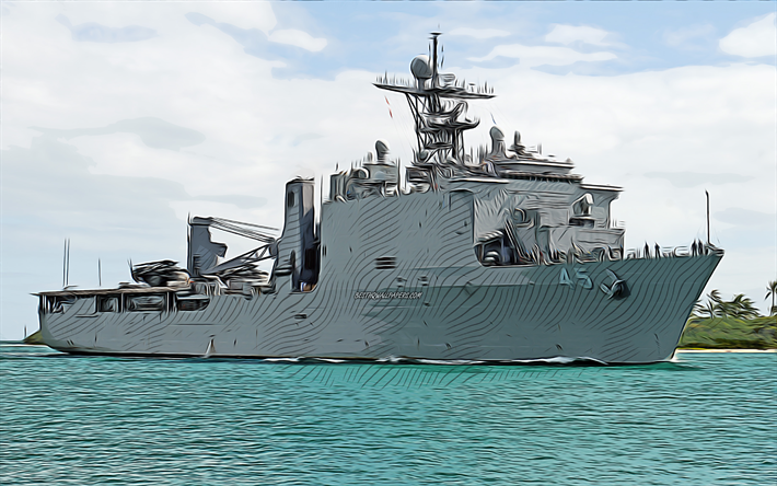 USS Comstock, 4k, vekt&#246;r sanatı, LSD-45, rıhtım &#231;ıkarma gemileri, Birleşik Devletler Donanması, ABD ordusu, soyut gemiler, savaş gemisi, ABD Donanması, Whidbey Adası sınıfı, USS Comstock LSD-45