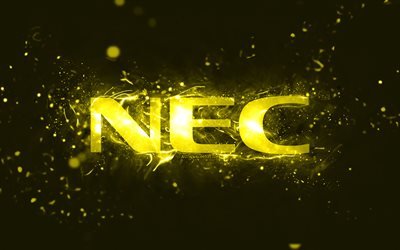 NEC yellow logo, 4k, yellow neon lights, creative, yellow abstract background, NEC logo, brands, NEC