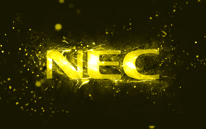 NEC sarı logo, 4k, sarı neon ışıklar, yaratıcı, sarı soyut arka plan, NEC logosu, markalar, NEC