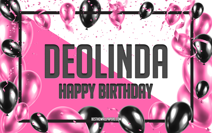お誕生日おめでとうデオリンダ, 誕生日用風船の背景, デオリンダ, 名前の壁紙, デオリンダお誕生日おめでとう, ピンクの風船の誕生日の背景, グリーティングカード, デオリンダの誕生日