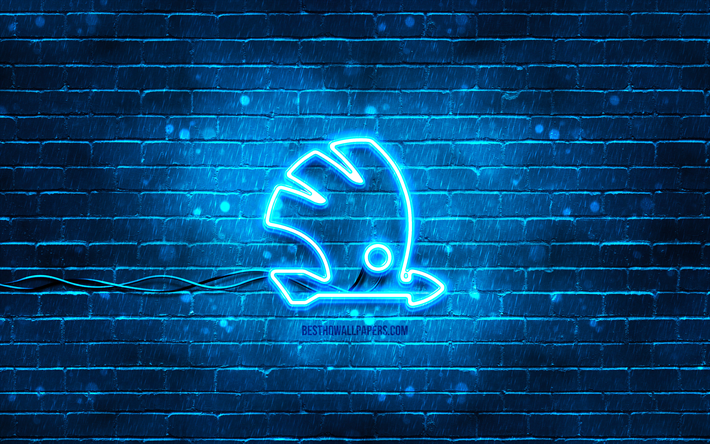 Logo blu Skoda, 4k, muro di mattoni blu, logo Skoda, marchi automobilistici, logo neon Skoda, Skoda
