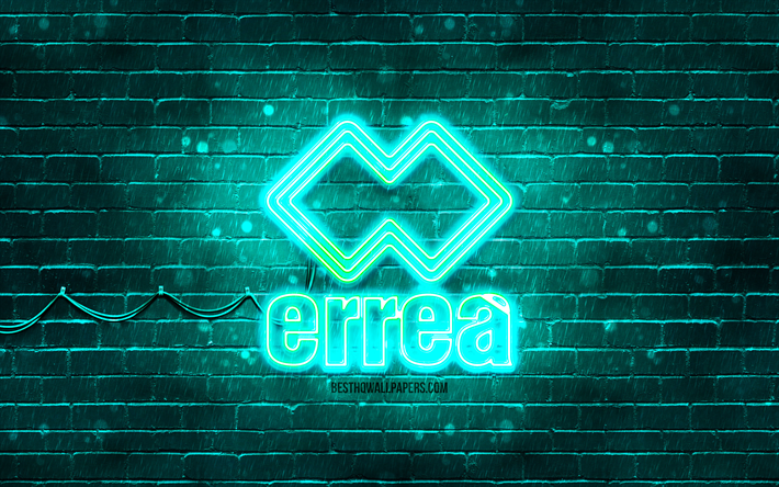 Logo Errea turchese, 4k, muro di mattoni turchese, logo Errea, marchi, logo neon Errea, Errea