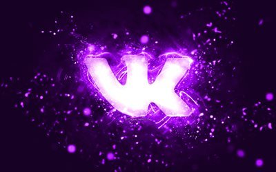 Logo VKontakte viola, 4k, luci al neon viola, creativo, sfondo astratto viola, logo VKontakte, social network, VKontakte