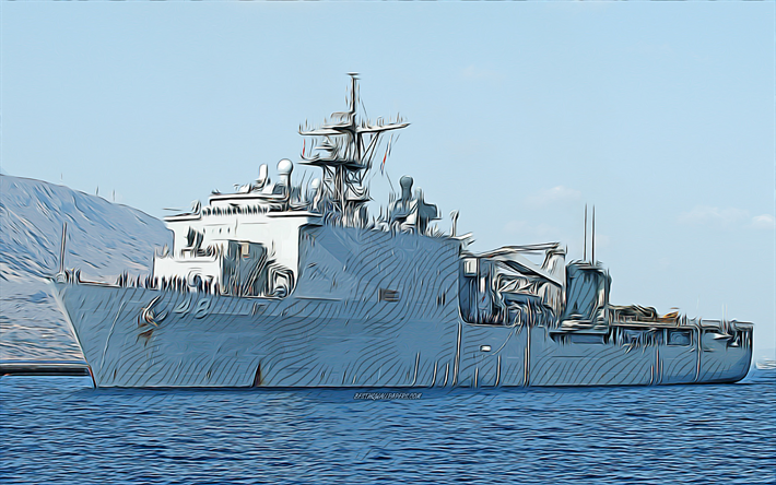 USS Ashland, 4k, vekt&#246;r sanatı, LSD-48, &#231;ıkarma gemileri rıhtım, Birleşik Devletler Donanması, ABD ordusu, soyut gemiler, savaş gemisi, ABD Donanması, Whidbey Adası sınıfı, USS Ashland LSD-48