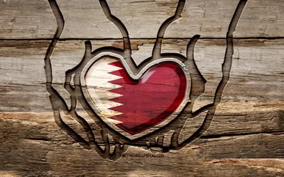 Amo il Qatar, 4K, mani intagliate in legno, Giorno del Qatar, Bandiera del Qatar, Abbi cura del Qatar, creativo, Bandiera del Qatar in mano, intaglio del legno, Paesi asiatici, Qatar