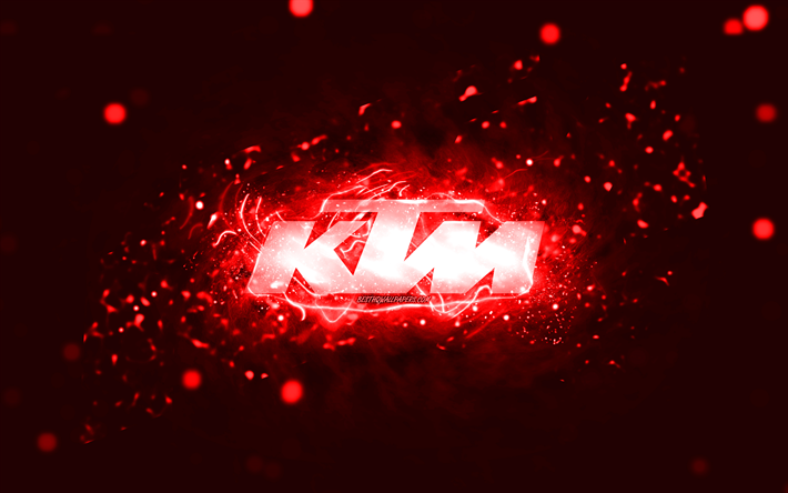 KTM red logo, 4k, red neon lights, creative, red abstract background, KTM logo, brands, KTM