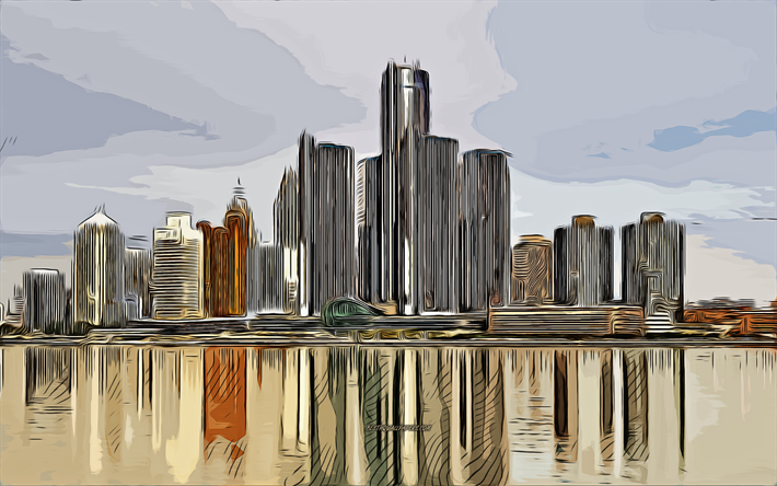 Detroit, Michigan, 4k, arte vetorial, Desenho de Detroit, arte criativa, Arte de Detroit, desenho vetorial, resumo paisagem urbana, Detroit paisagem urbana, EUA