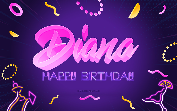 お誕生日おめでとうダイアナ, 4k, 紫のパーティーの背景, ダイアナ, クリエイティブアート, ダイアナの誕生日おめでとう, ダイアナの名前, ダイアナの誕生日, 誕生日パーティーの背景