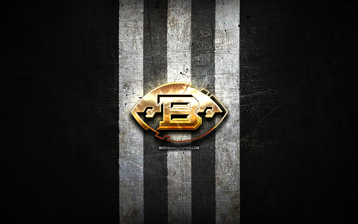 Birmingham Iron, logo dorato, AAF, sfondo in metallo nero, squadra di football americano, logo Birmingham Iron, football americano
