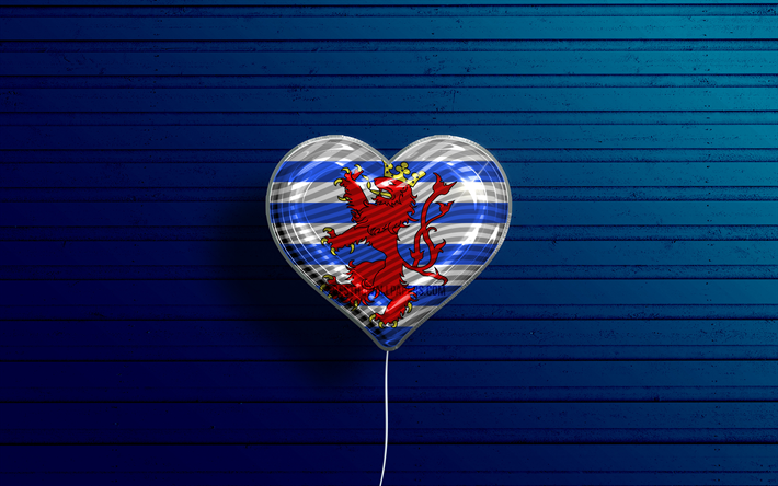 Amo il Lussemburgo, 4k, palloncini realistici, sfondo di legno blu, giorno del Lussemburgo, province belghe, bandiera del Lussemburgo, Belgio, palloncino con bandiera, province del Belgio, Lussemburgo