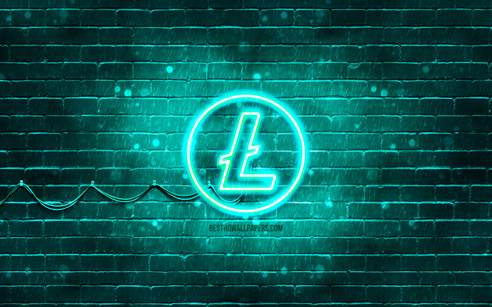 Logo turchese Litecoin, 4k, muro di mattoni turchese, logo Litecoin, criptovaluta, logo neon Litecoin, Litecoin