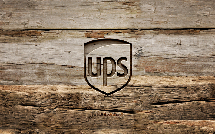 UPS tr&#228;logotyp, 4K, tr&#228;bakgrunder, varum&#228;rken, UPS-logotyp, kreativ, tr&#228;snideri, UPS