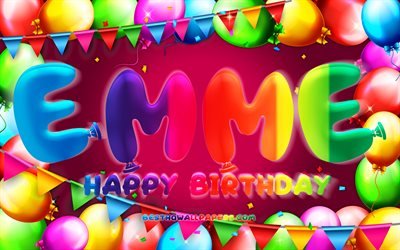Happy Birthday Emme, 4k, colorful balloon frame, Emme name, purple background, Emme Happy Birthday, Emme Birthday, popular german female names, Birthday concept, Emme
