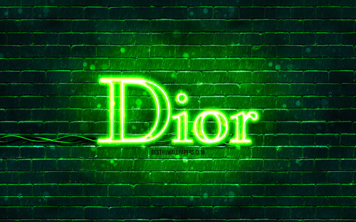 Dior yeşil logosu, 4k, yeşil brickwall, Dior logosu, moda markaları, Dior neon logosu, Dior