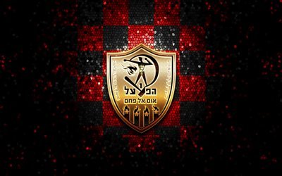 Hapoel Umm al-Fahm FC, parıltılı logo, Leumit Ligi, kırmızı siyah damalı arka plan, futbol, İsrail Futbol Kul&#252;b&#252;, Hapoel Umm al-Fahm logo, mozaik sanatı, Hapoel Umm al-Fahm