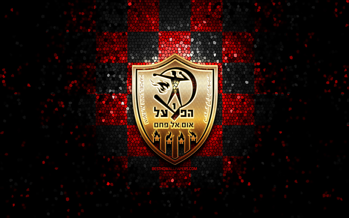 Hapoel Umm al-Fahm FC, logo scintillant, Ligue Leumit, fond rouge &#224; carreaux noirs, football, club de football isra&#233;lien, logo Hapoel Umm al-Fahm, art de la mosa&#239;que, Hapoel Umm al-Fahm