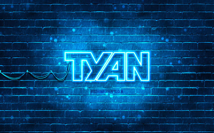 Tyan bl&#229; logotyp, 4k, bl&#229; tegelv&#228;gg, Tyan logotyp, varum&#228;rken, Tyan neon logotyp, Tyan