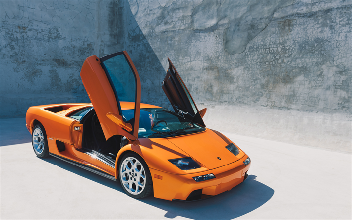 Lamborghini Diablo, 4k, vue de face, &#224; l&#39;ext&#233;rieur, supercar, orange Diablo, voitures de sport italiennes, Lamborghini