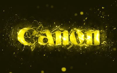 Canon yellow logo, 4k, yellow neon lights, creative, yellow abstract background, Canon logo, brands, Canon