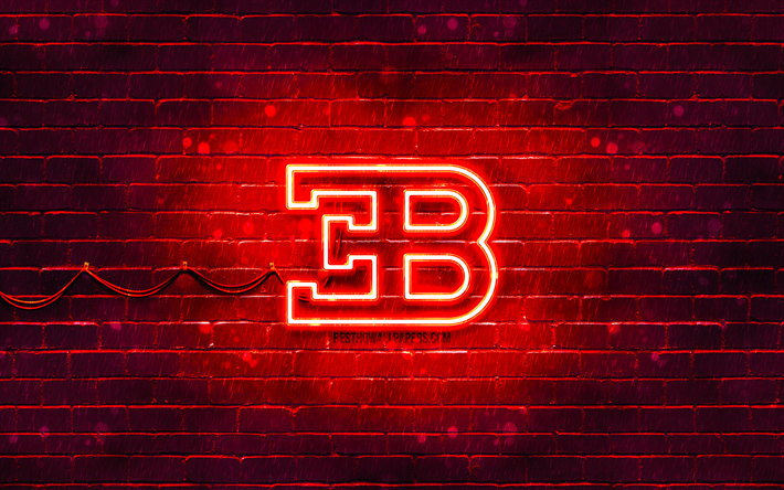 Bugatti red logo, 4k, red brickwall, Bugatti logo, cars brands, Bugatti neon logo, Bugatti