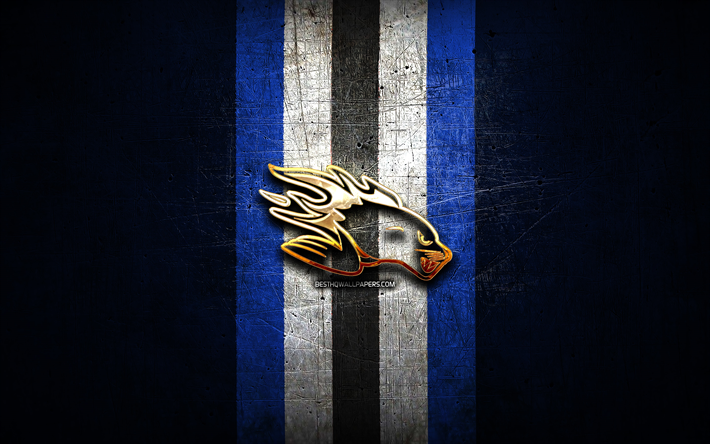 セントジョンシードッグス, 金色のロゴ, QMJHL, 青い金属の背景, カナダのホッケーチーム, セントジョンシードッグのロゴ, ホッケー