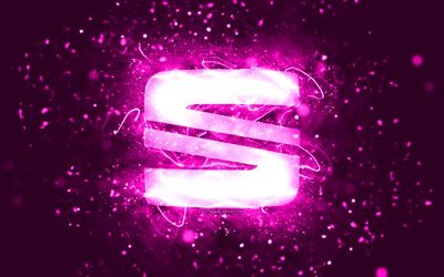 Seat purple logo, 4k, purple neon lights, creative, purple abstract background, Seat logo, cars brands, Seat