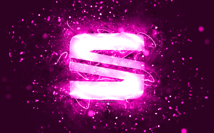 Logo Seat viola, 4k, luci al neon viola, sfondo astratto creativo, viola, logo Seat, marchi automobilistici, Seat